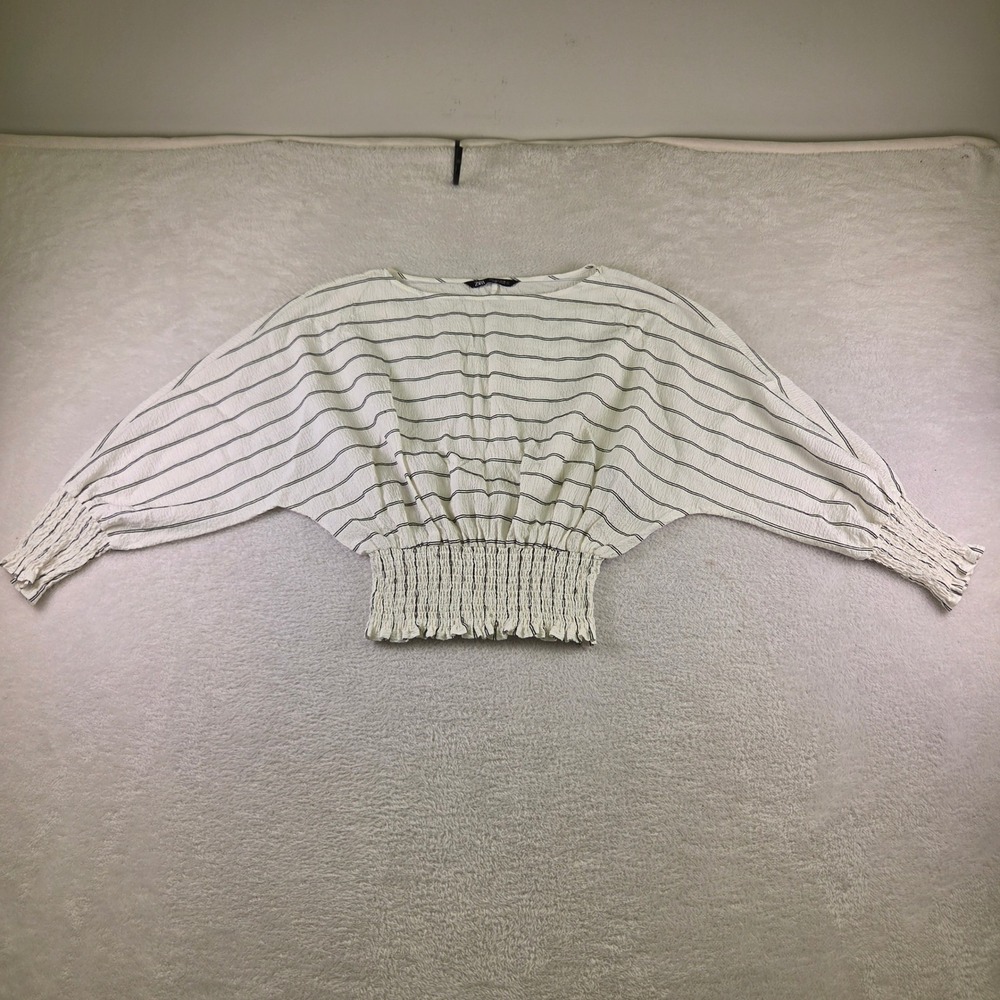 Zara Striped Textured Smocked Waist Dolman Sleeve Blouse Small Off White Black